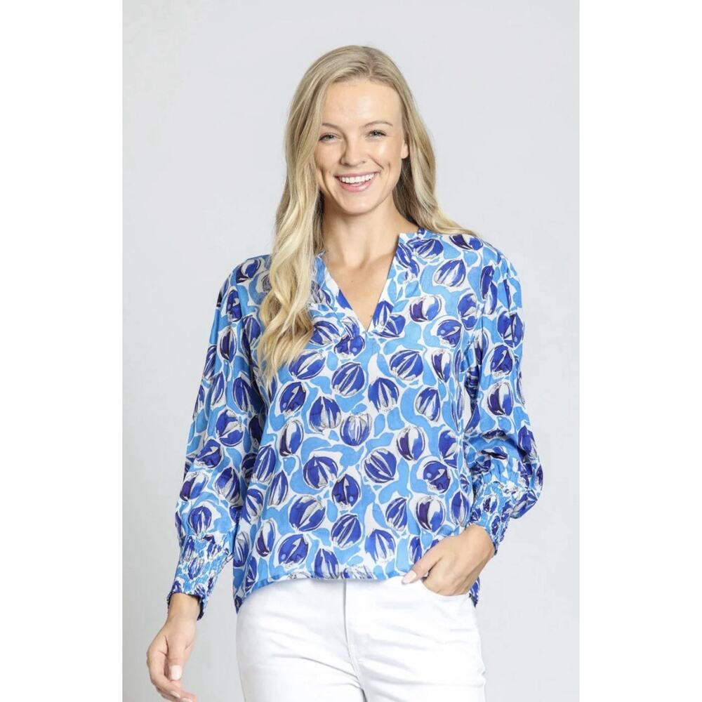 APNY Split Neck Top Women's Size Large Blue Floral Print Smocked Cuffs Long
